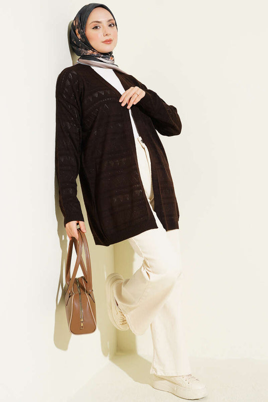 Zigzag Ajurlu Basic Triko Hırka Acı Kahve