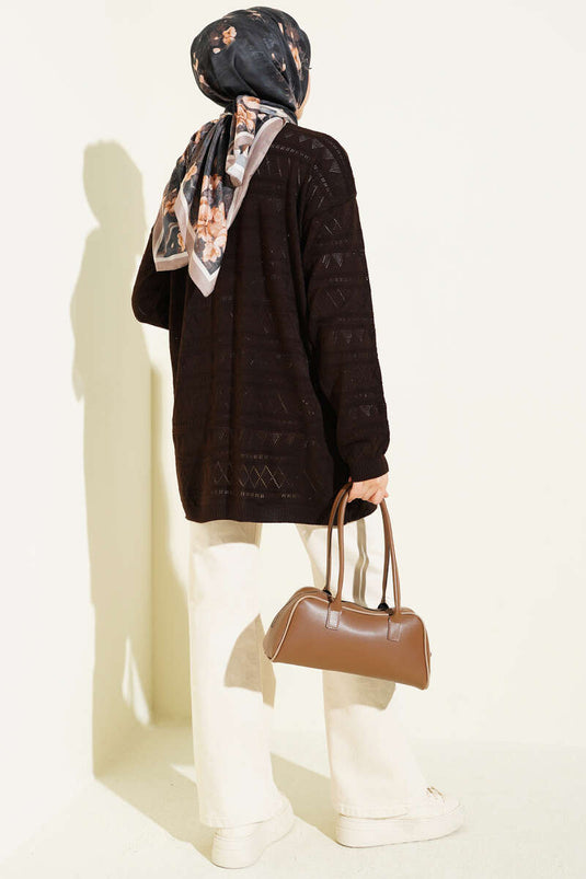 Zigzag Ajurlu Basic Triko Hırka Acı Kahve