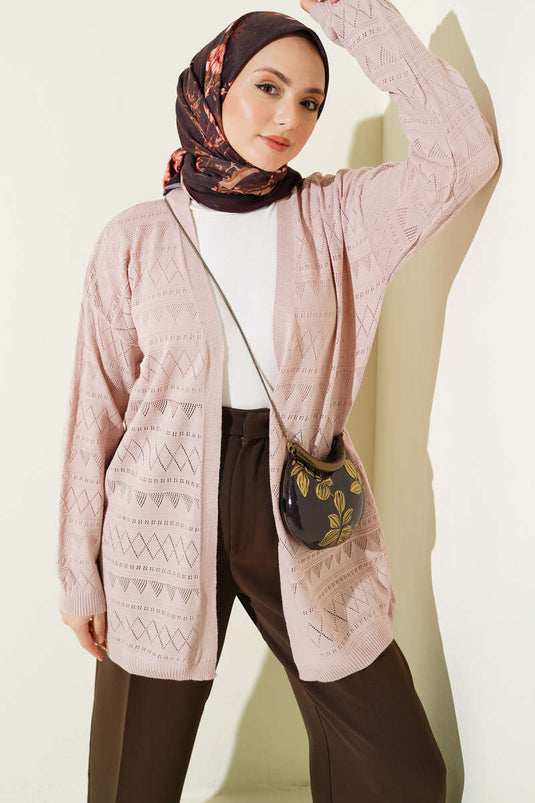 Zigzag Ajurlu Basic Triko Hırka Pudra