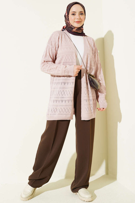 Zigzag Ajurlu Basic Triko Hırka Pudra