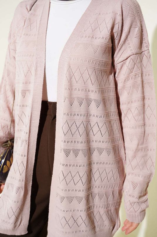 Zigzag Ajurlu Basic Triko Hırka Pudra