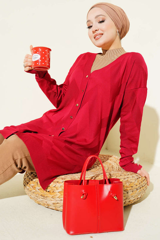 Zigzag Desenli Düğmeli Merserize Hırka Bordo