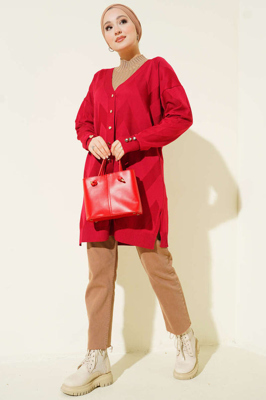 Zigzag Desenli Düğmeli Merserize Hırka Bordo