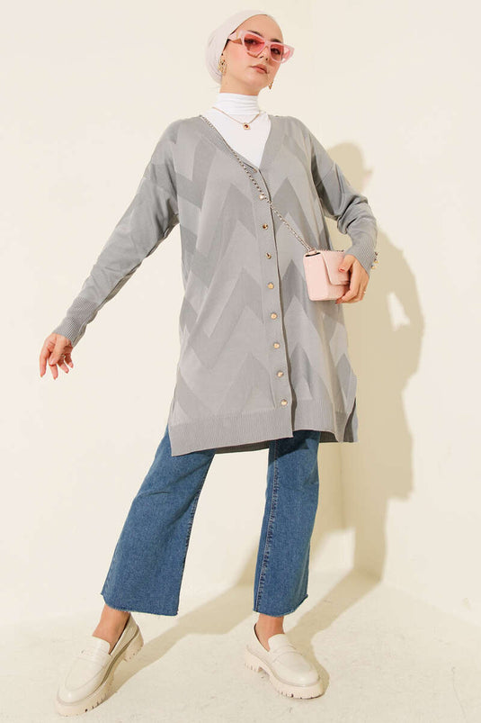 Zigzag Patterned Buttoned Mercerized Cardigan Gray