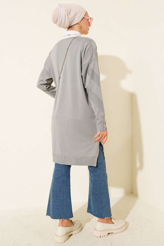 Zigzag Patterned Buttoned Mercerized Cardigan Gray