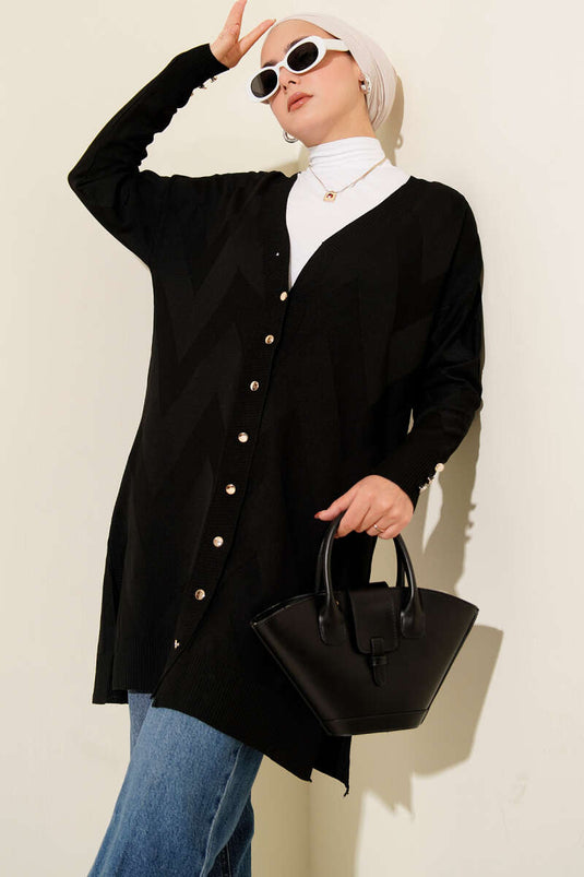 Cardigan boutonné mercerisé à motif zigzag noir