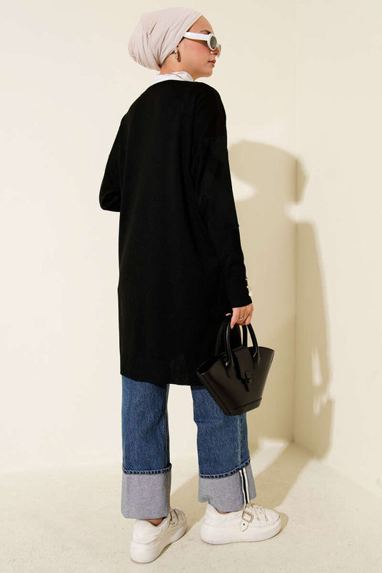 Cardigan boutonné mercerisé à motif zigzag noir