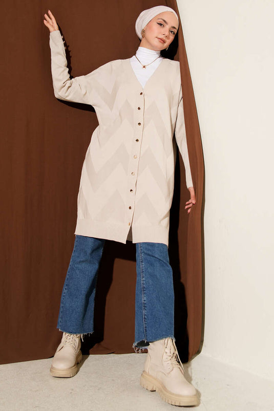 Cardigan boutonné mercerisé à motifs zigzag Pierre