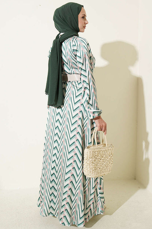 Robe En Satin Vert À Motif Zigzag