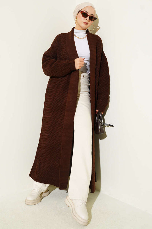 Zigzag Kabartmalı Triko Uzun Hırka Acı Kahve