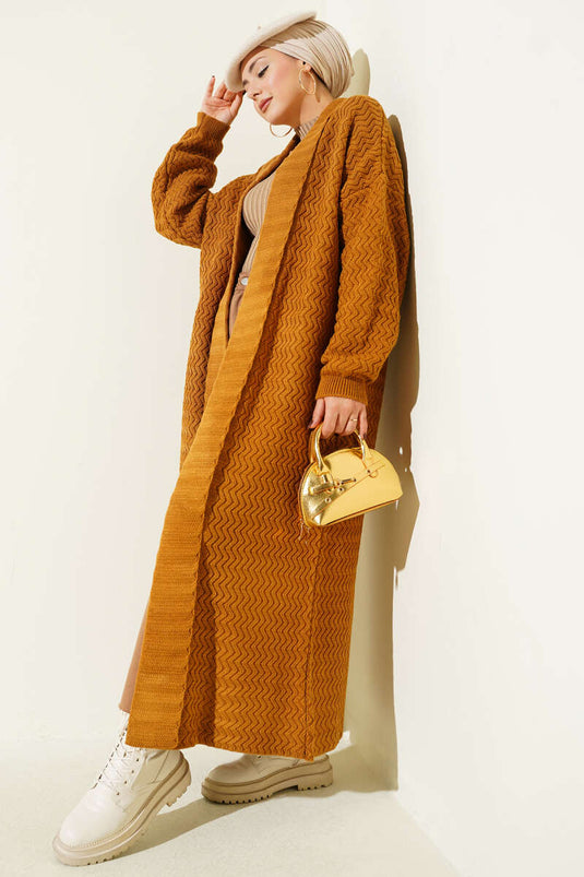 كارديجان طويل محبوك بنقشة متعرجة، لون جملي