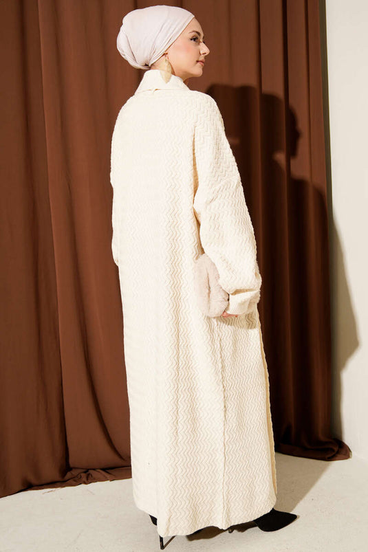 Gilet Long En Tricot Brodé À Zigzag Écru