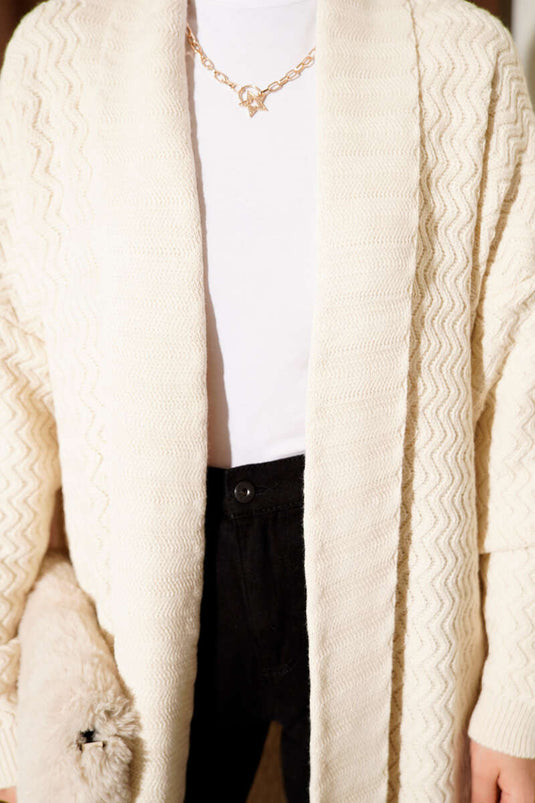 Gilet Long En Tricot Brodé À Zigzag Écru
