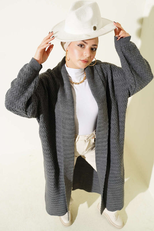 Zigzag Kabartmalı Triko Uzun Hırka Füme