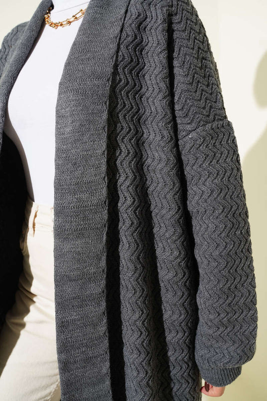 Zigzag Kabartmalı Triko Uzun Hırka Füme