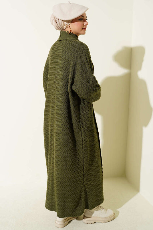 كارديجان طويل محبوك بنقشة متعرجة، لون كاكي