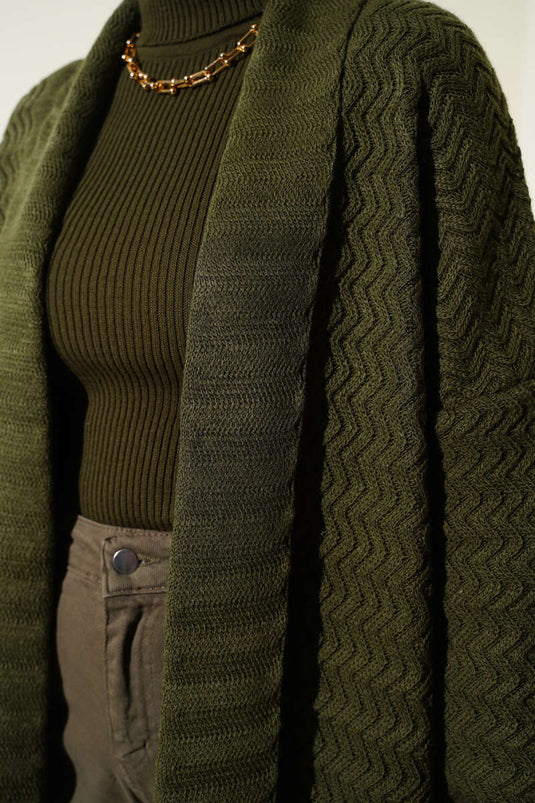 كارديجان طويل محبوك بنقشة متعرجة، لون كاكي