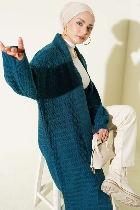 Gilet Long En Tricot Brodé À Zigzag Bleu Pétrole