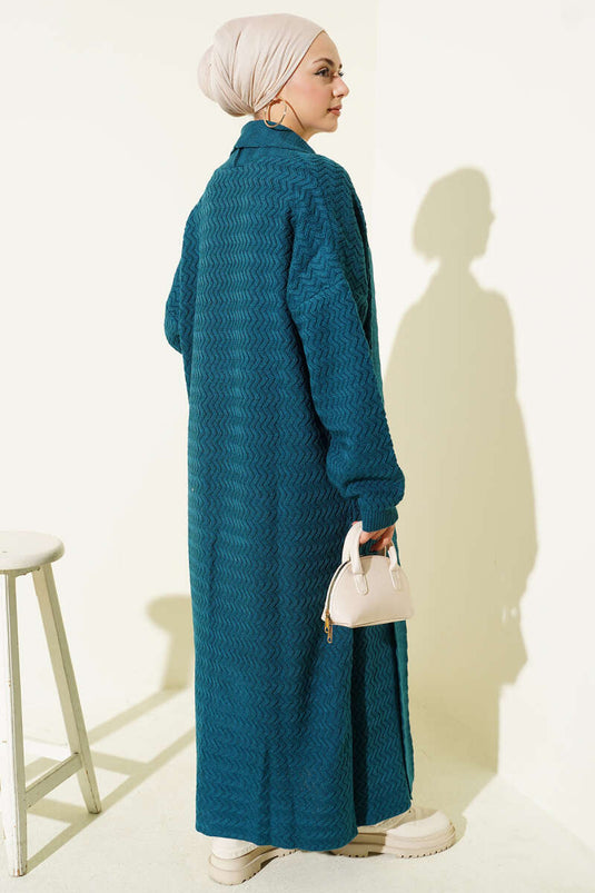 Gilet Long En Tricot Brodé À Zigzag Bleu Pétrole