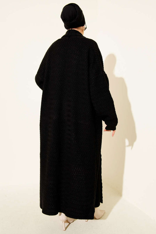 كارديجان طويل أسود محبوك بنقشة متعرجة