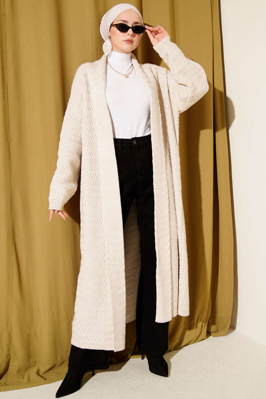 Zigzag Embossed Knit Long Cardigan with Stones