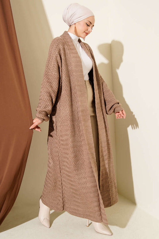 كارديجان طويل محبوك بنقشة متعرجة، لون المنك