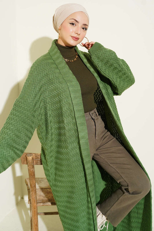 كارديجان طويل محبوك بنقشة متعرجة، أخضر
