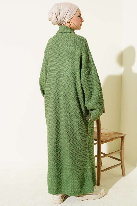 كارديجان طويل محبوك بنقشة متعرجة، أخضر