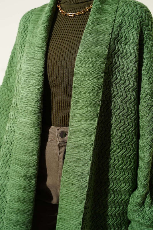 كارديجان طويل محبوك بنقشة متعرجة، أخضر