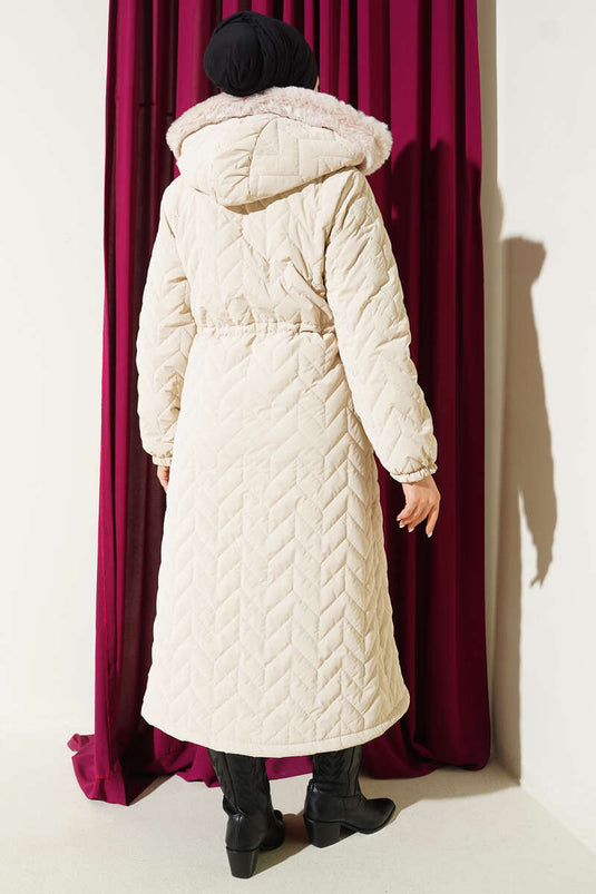 Zigzag Kapitone Kapüşonlu Şişme Mont Taş