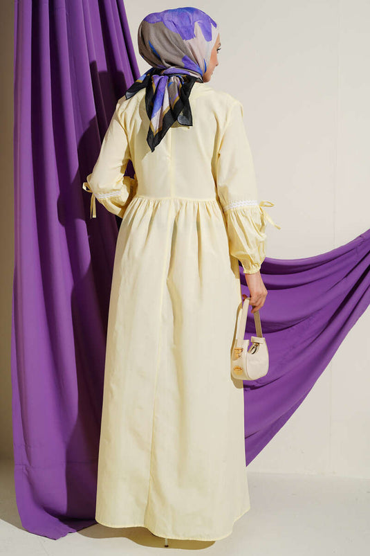 Zigzag Embroidered Side-Tied Poplin Dress Yellow
