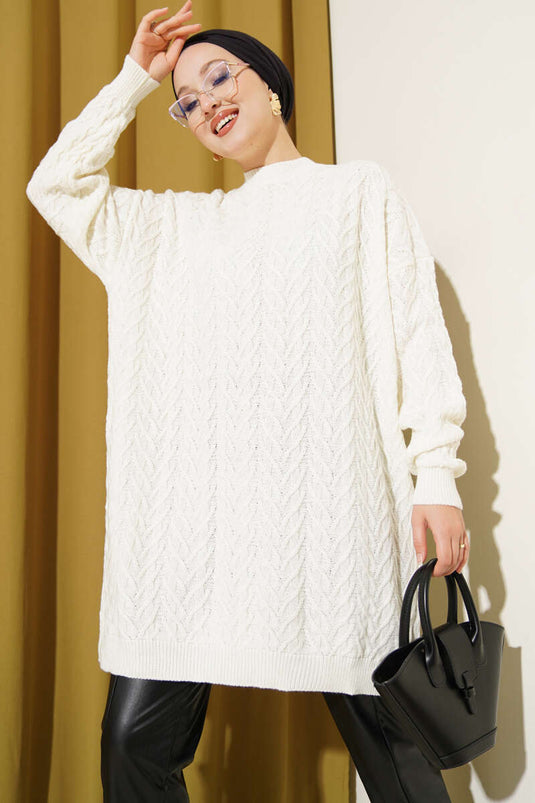 Zigzag Örgü Triko Tunik Ekru