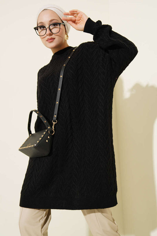 Zigzag Knitted Sweater Tunic Black