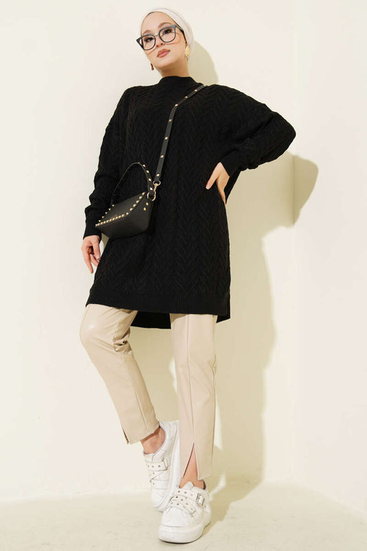 Zigzag Örgü Triko Tunik Siyah