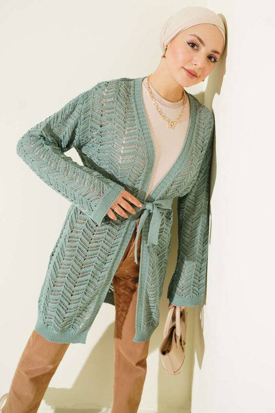 Cardigan tricoté à ceinture ajourée en zigzag, vert pistache