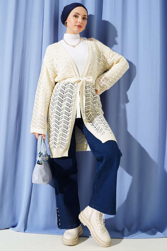 Zigzag Openwork Belted Knitted Cardigan Cream