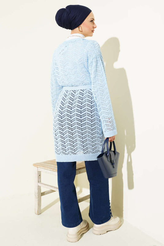 Zigzag Openwork Belted Knitted Cardigan Blue