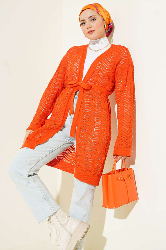 Cardigan tricoté à ceinture ajourée en zigzag orange