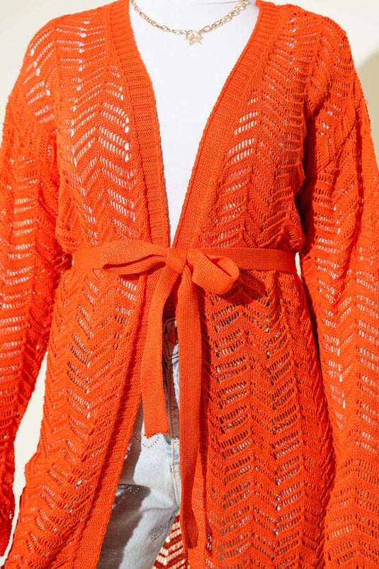 Cardigan tricoté à ceinture ajourée en zigzag orange