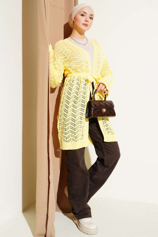 Zigzag Openwork Belted Knit Cardigan Yellow