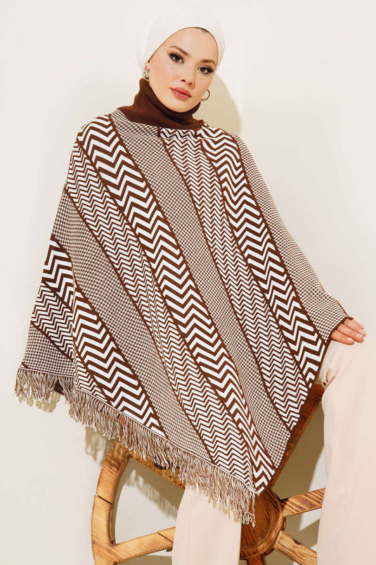 Poncho Tricot Col Roulé Zigzag Marron