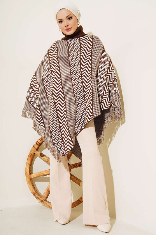 Poncho Tricot Col Roulé Zigzag Marron