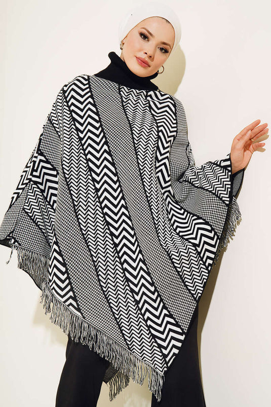 Poncho Tricot Col Roulé Zigzag Noir