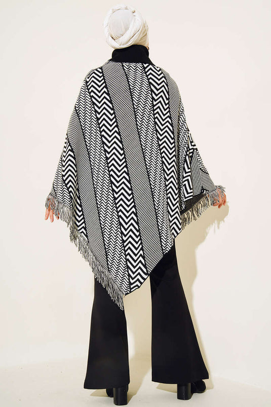 Poncho Tricot Col Roulé Zigzag Noir