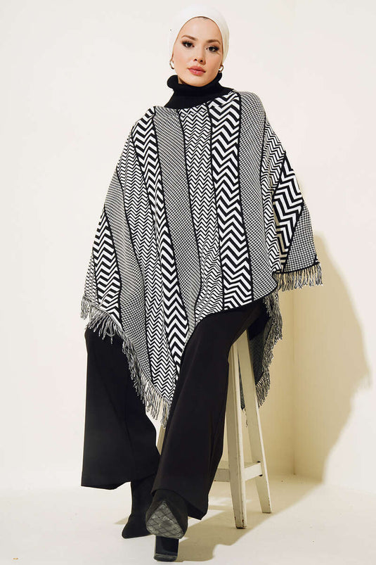 Poncho Tricot Col Roulé Zigzag Noir