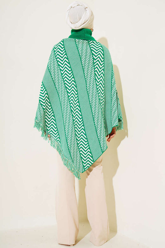 Poncho Tricot Col Roulé Zigzag Vert