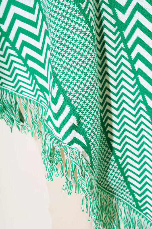 Poncho Tricot Col Roulé Zigzag Vert