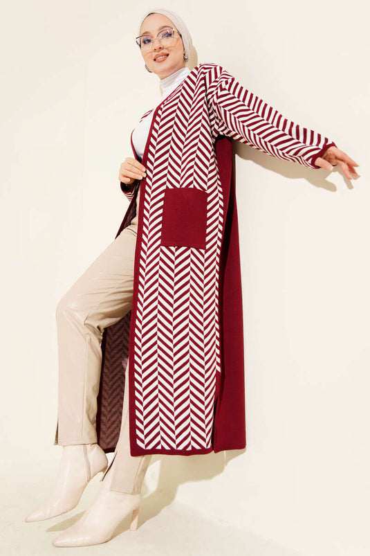 Cardigan long en maille à rayures zigzag bordeaux
