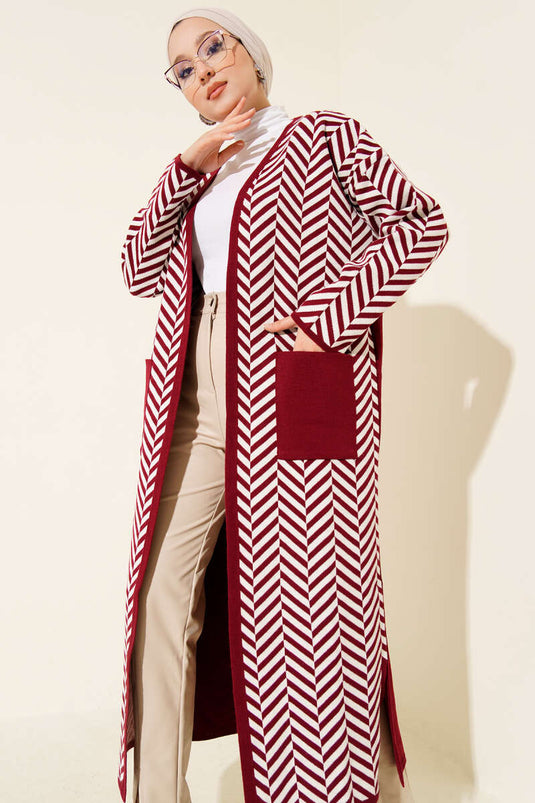 Cardigan long en maille à rayures zigzag bordeaux