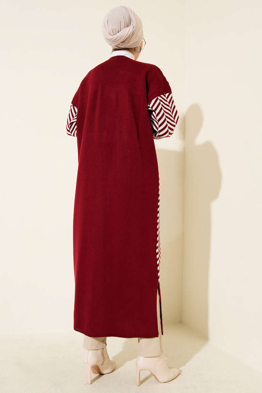 Cardigan long en maille à rayures zigzag bordeaux